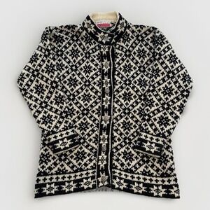 Vintage Susan Fosse 100% Wool Knit Cardigan-Medium/Large-Black& Cream Print-Cozy